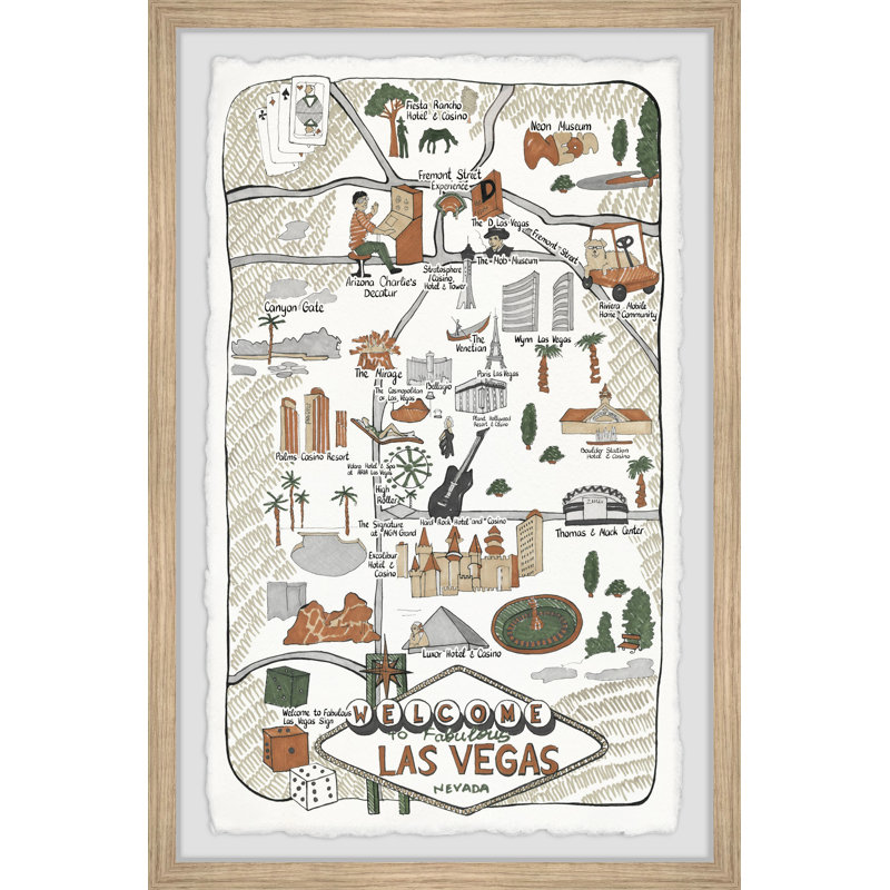 «Illustrated Map of Las Vegas Strip» - Reproduction encadrée sur papier, H 24 po x l 36 po x P 1,5 po