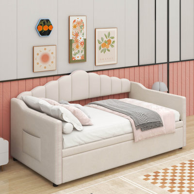 Upholstered Twin Size Daybed With Adjustable Height Pop Up Trundle Twin Bed And USB & Type-C Charging Port, Day Bed Frame With 2 Side Pockets