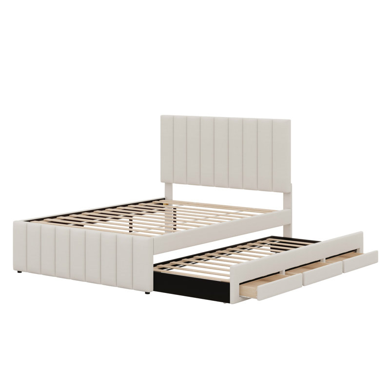 Lit plateforme tapissier avec lit gigogne et tiroirs, Beige, Lit double