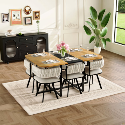 Ensemble de table de salle à manger 7 pièces rectangulaire, plateau de table en grain de bois à deux tons fixe et triamine noire avec 6 chaises en velours noir, ensemble de table de cuisine moderne pour 6 personnes, idéal pour les petits espaces, appartement