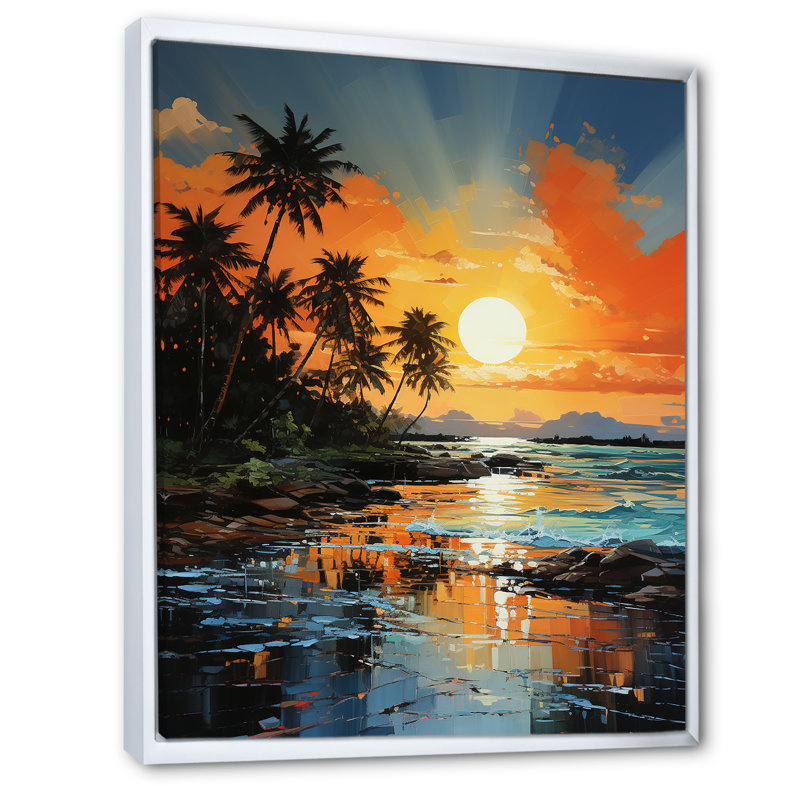 Cabriales, palmiers, lever de soleil II sur toile, H 32 po x l 24 po x P 1 po, Cadre flottant blanc