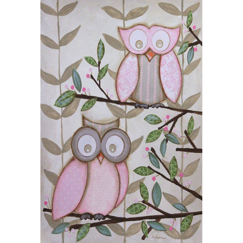 "2 hiboux roses" par Reesa Qualia, reproduction sur toile tendue, H 24 po x l 16 po x P 1,5 po