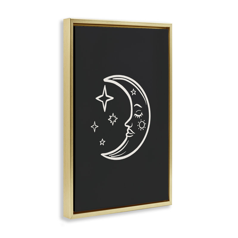 Lune et étoiles sur toile flottante noire par JJ Design House LLC, H 31 po x l 21 po, Cadre flottant métallique doré