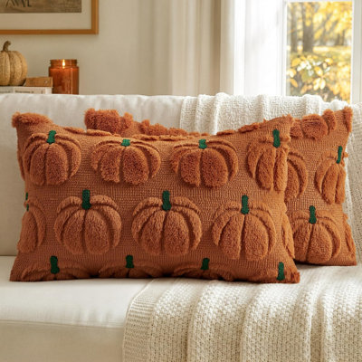 Housses de coussin citrouille d'automne, décoration automnale, tige verte rouille foncée, 30 x 50 cm, ornement décoratif pour la maison, lot de 2, douce fourrure synthétique pelucheuse, style ferme, Halloween, porche, carrosse, chambre