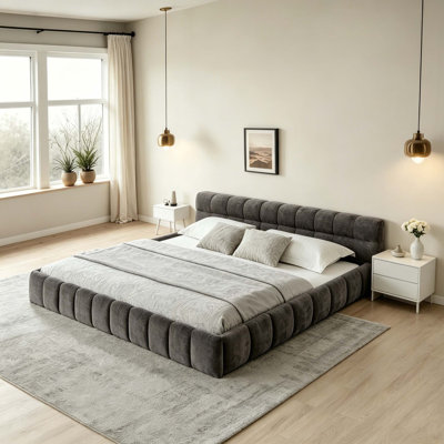 California King size Upholstered Bed Frame with Thick Fabric, Chenille Fabric Grounded California King Platform Bed with Headboard and Solid Frame