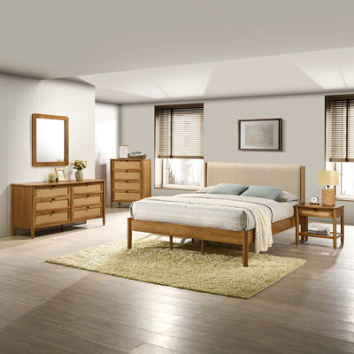 Vichy 5-Piece Rubberwood Bedroom Set with Textured Polyester Upholstered Bed, Dresser, Mirror, Nightstand, and Chest by Bay Isle Home