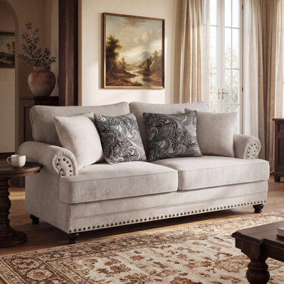 Estelle Modern Farmhouse Loveseat Sofa, Chenille Upholstery With Nailhead Trim, Includes 4 Accent Pillows