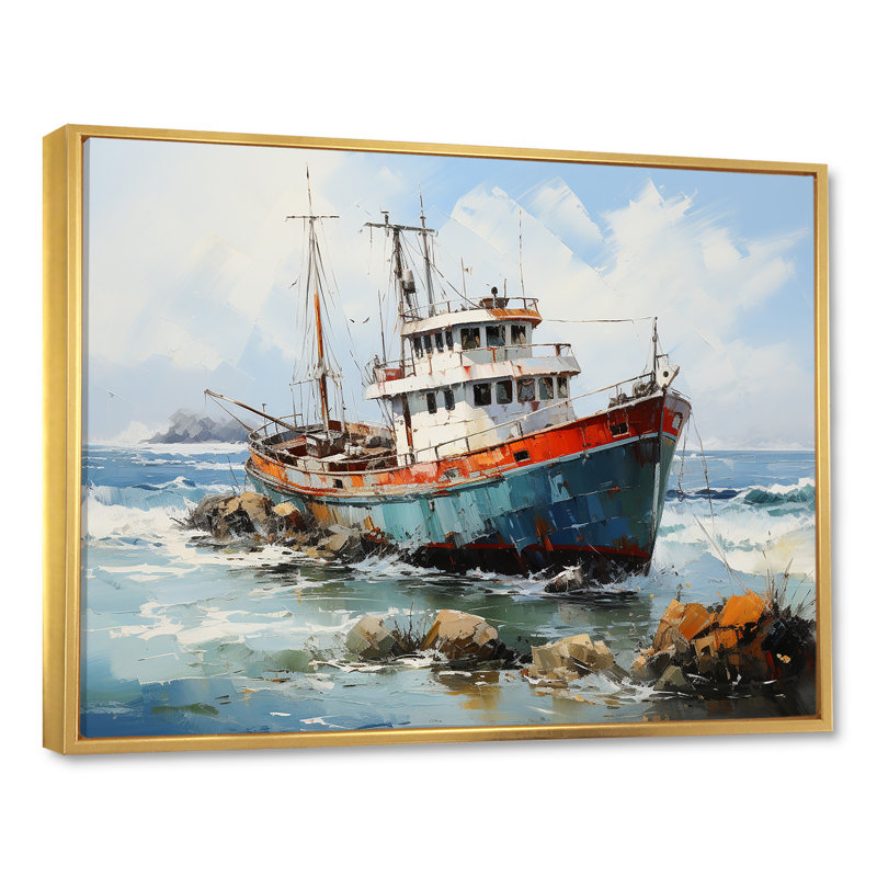 Nautique, bateau, pêche, aventure - Bateau côtier, art mural, Cadre flottant doré, H 34 po x l 44 po x P 1,5 po