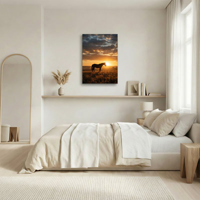 «Horse Silhouette in Golden Sunset Field», art mural sur toile