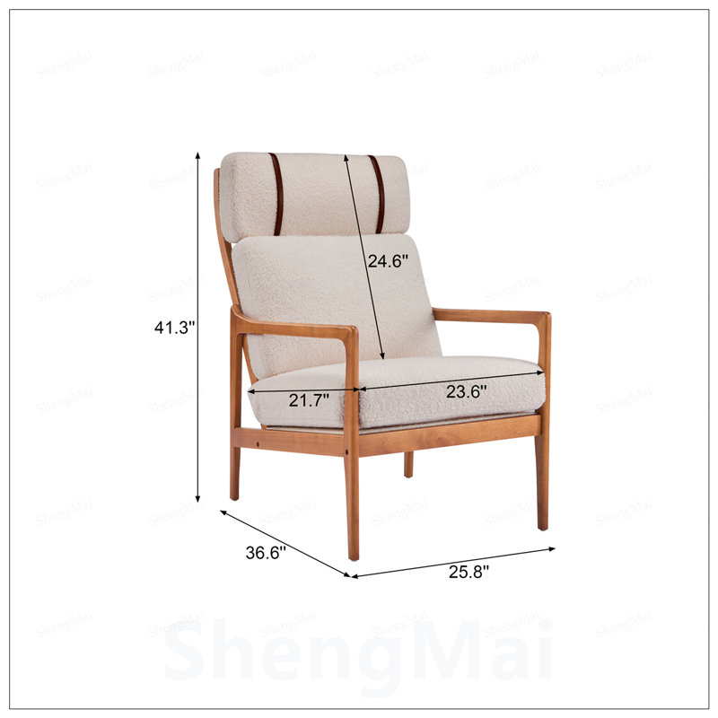 Fauteuil d'appoint Mid-Century moderne, structure en bois massif avec dossier haut, coussins rembourrés légers, conception ergonomique pour une assise confortable