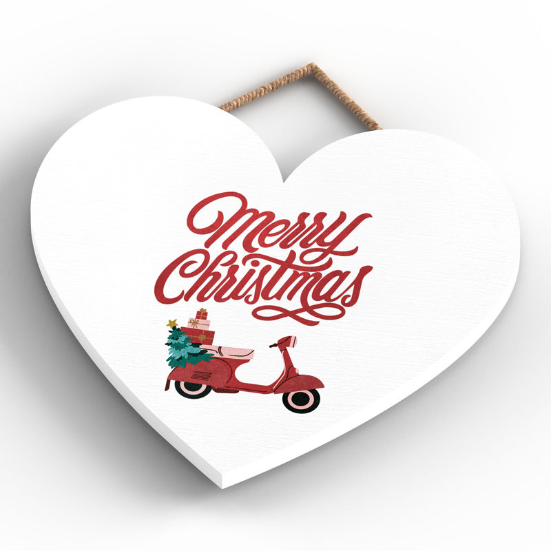 Xmas Merry Christmas Scooter Wooden Heart Plaque, 16cm H x 17cm W x 0.9cm D