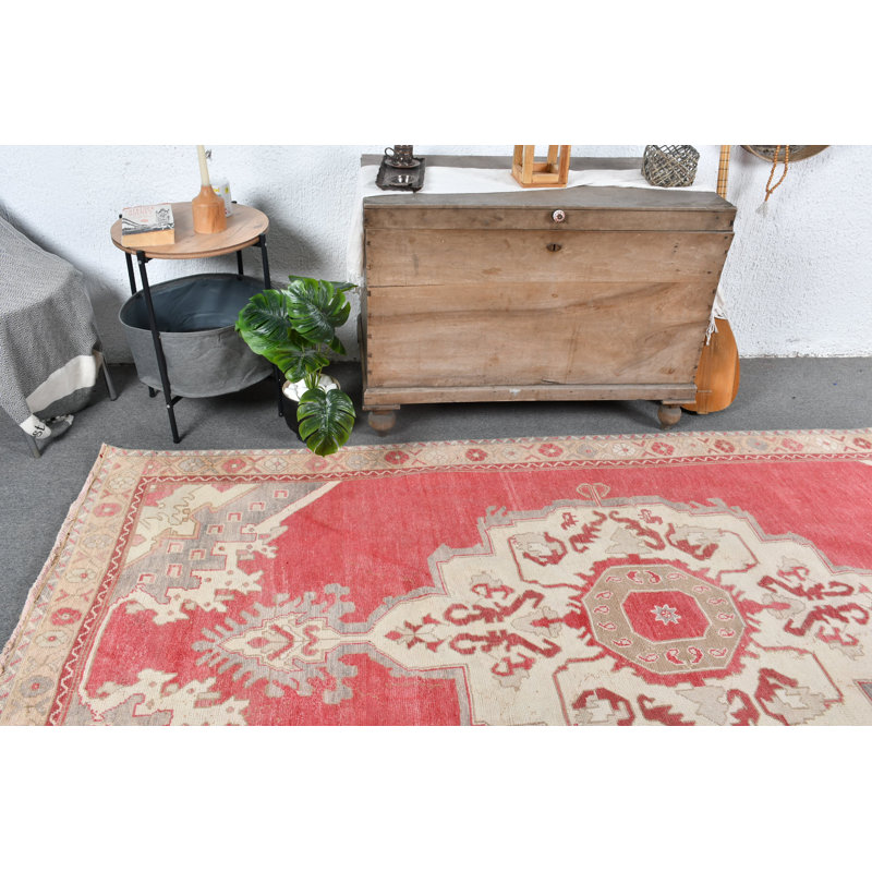Grand tapis turc Anatolian rétro rouge vif idéal pour la décoration intérieure et les salles à manger rouge / beige