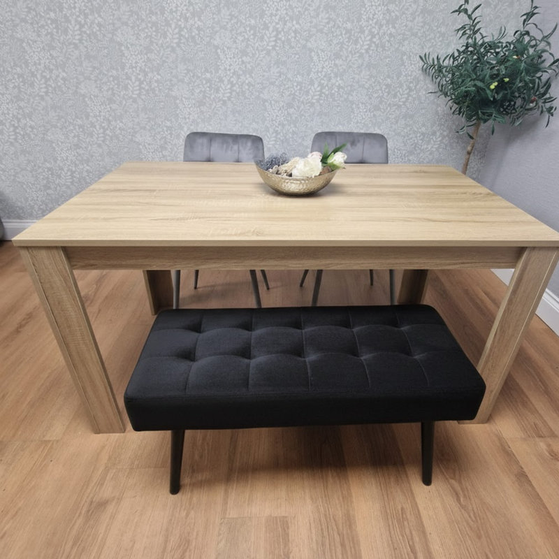 Wooden Dining Set with 2 Velvet Chairs and Bench, 75cm H x 117cm L x 80cm W, Oak, Grey 