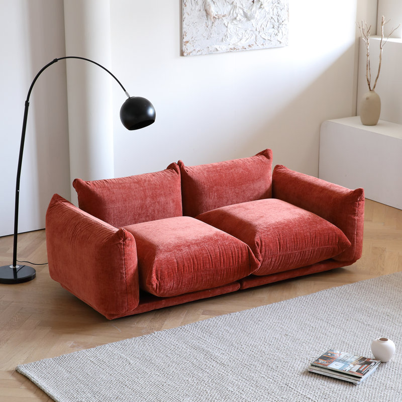 Minarik 2-Seat Chenille Fabric Upholstered Round Arm Sectional Loveseat, Orange Chenille