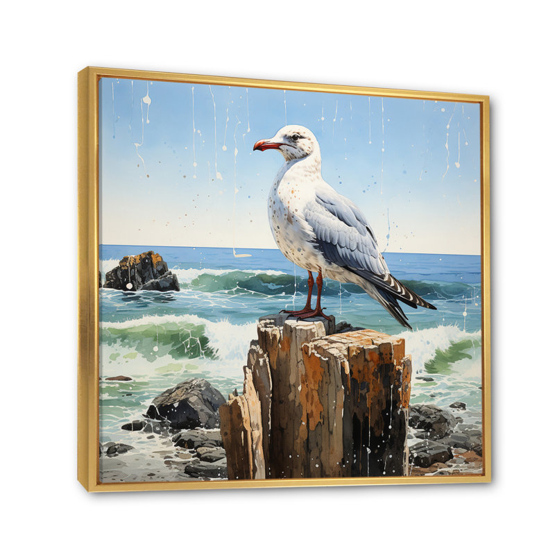 Seagull Solitude Pointillism II - impression, H 24 po x l 24 po x P 1 po, Cadre flottant doré