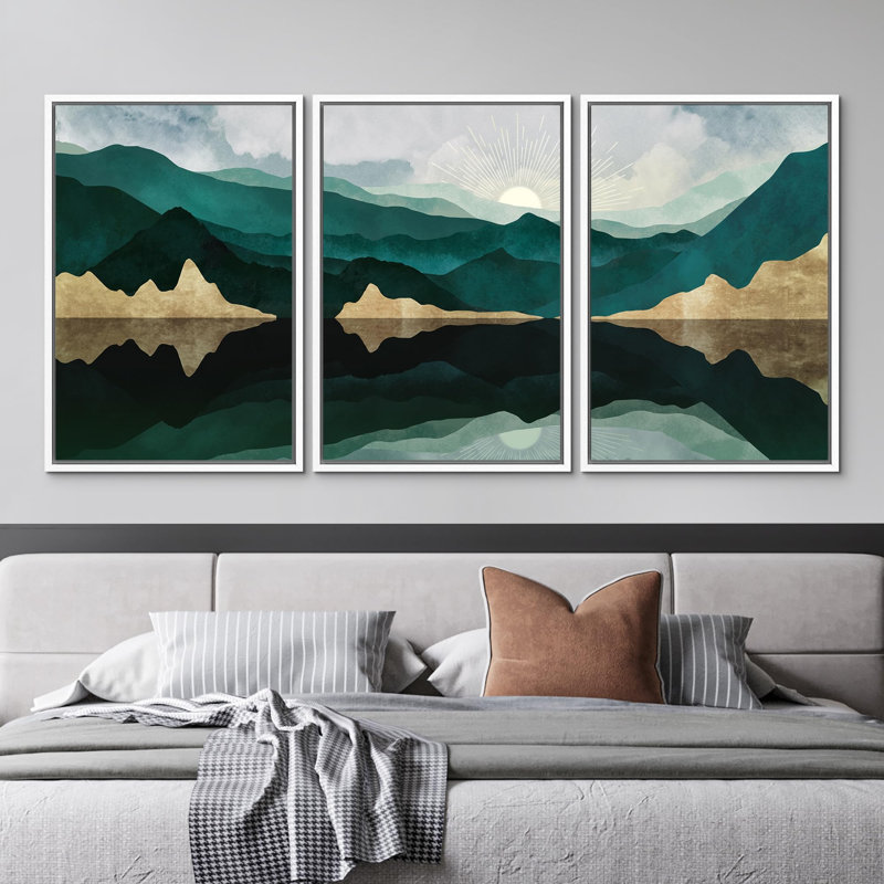 «Sunrise Mountain Landscape Trio Nature Wilderness Illustration Modern Decor Minimal» 3 pièces, H 24 po x l 16 po, Blanc
