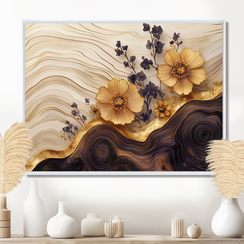 Fleurs sauvages sur une rivière en bois I - Art mural fleurs sauvages, H 24 po x l 32 po, Impression encadrée flottante