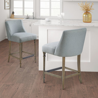 Tabouret de comptoir rembourré de 25 po - Ensemble de repose-pieds avec pieds en bois massif et revêtement bleu inclus avec dossier pour une durabilité accrue