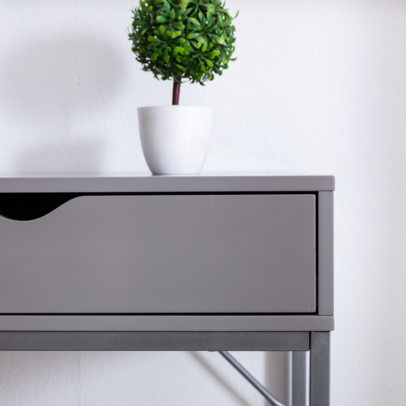 Contemporary Gray Wood Writing Desk with Drawer and Metal Base