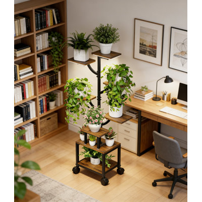 Support pour plante d'intérieur avec lumières de croissance - 7 tablettes en métal et en bois avec roulettes, support de présentation réglable en forme d'arbre pour la maison, patio, finition imperméable