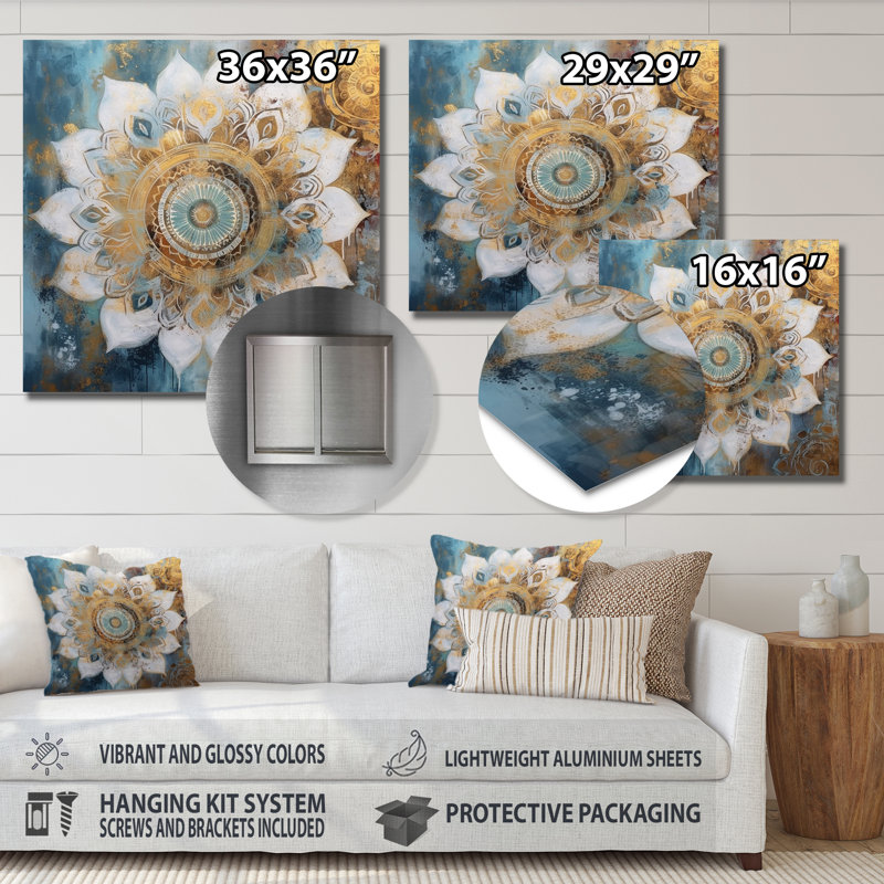 Blanc et or Mandala II - impression, H 36 po x l 36 po x P 1,5 po, Metal