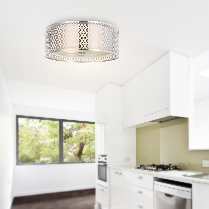 17in Flush Mount Ceiling Light Fixture – 3-Light, Satin Nickel, Modern Minimalist Design, Close-to-Ceiling Lighting for Hallway, Bedroom, Kitchen
