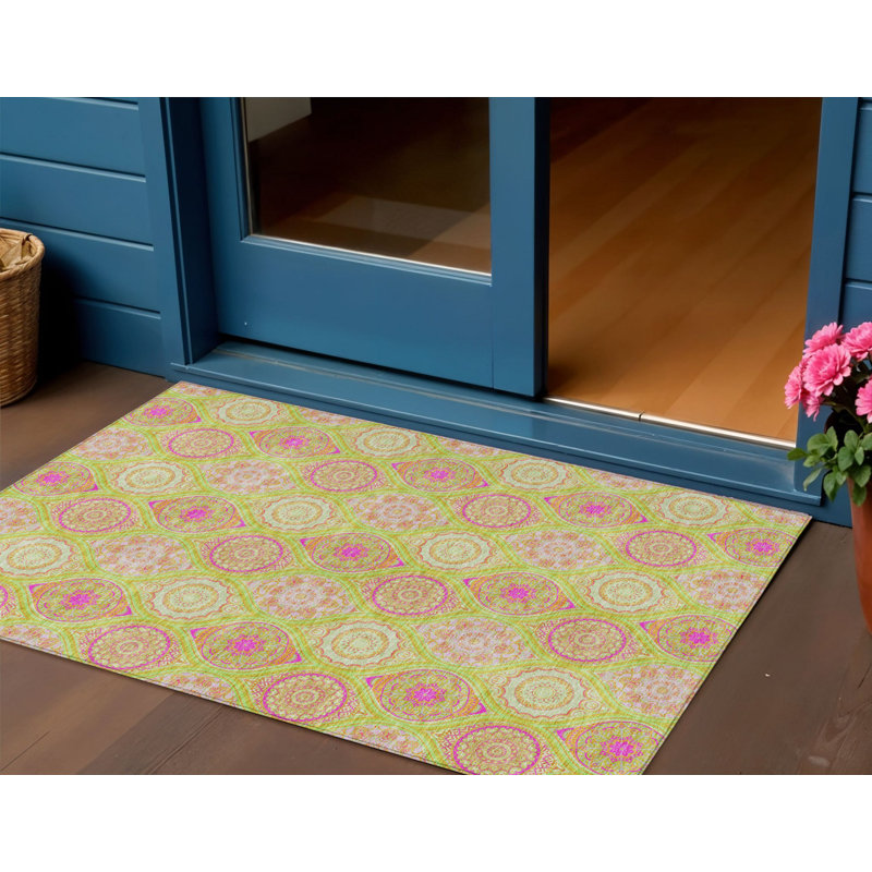 Tapis intérieur lavable 3 pi x 5 pi vert lime et rose avec médaillon ivoire