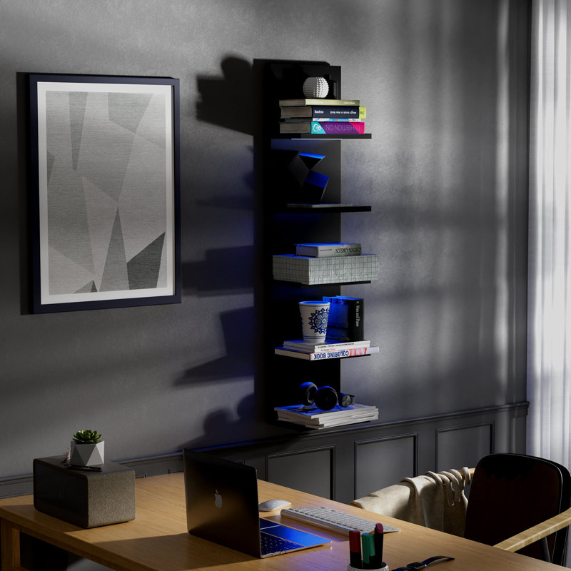 5-Tier Floating Wall Shelf with Bulit-in RGB Lights, Black