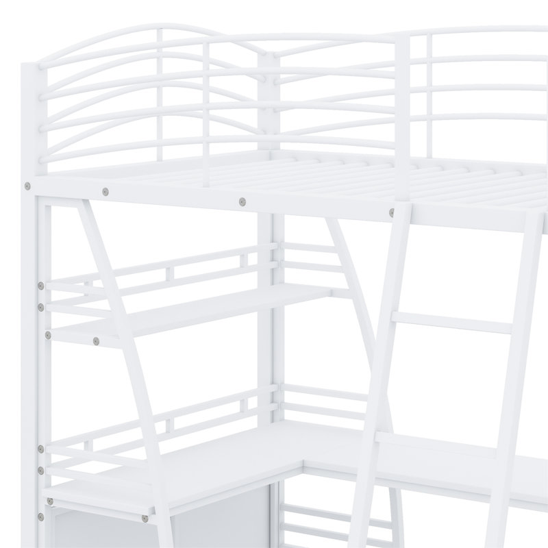 Loft Bed With Shelves And L-Shaped Desk, With A Set Of Sockets, USB Ports And And Wireless Charging
