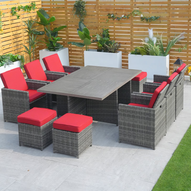 Jarhia 10 - Person Wicker Patio Dining Set with Rectangular Table , Cushions Included, Gray, Red