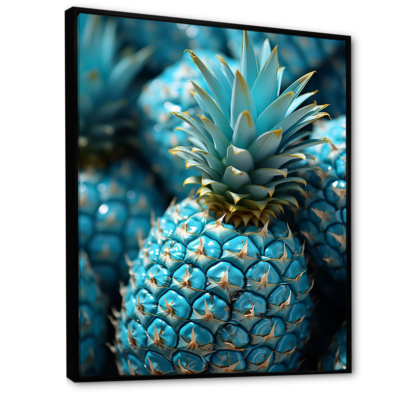 «Blue Pineapples Photo I», art mural ananas, H 40 po x l 30 po x P 1,5 po, Cadre flottant noir