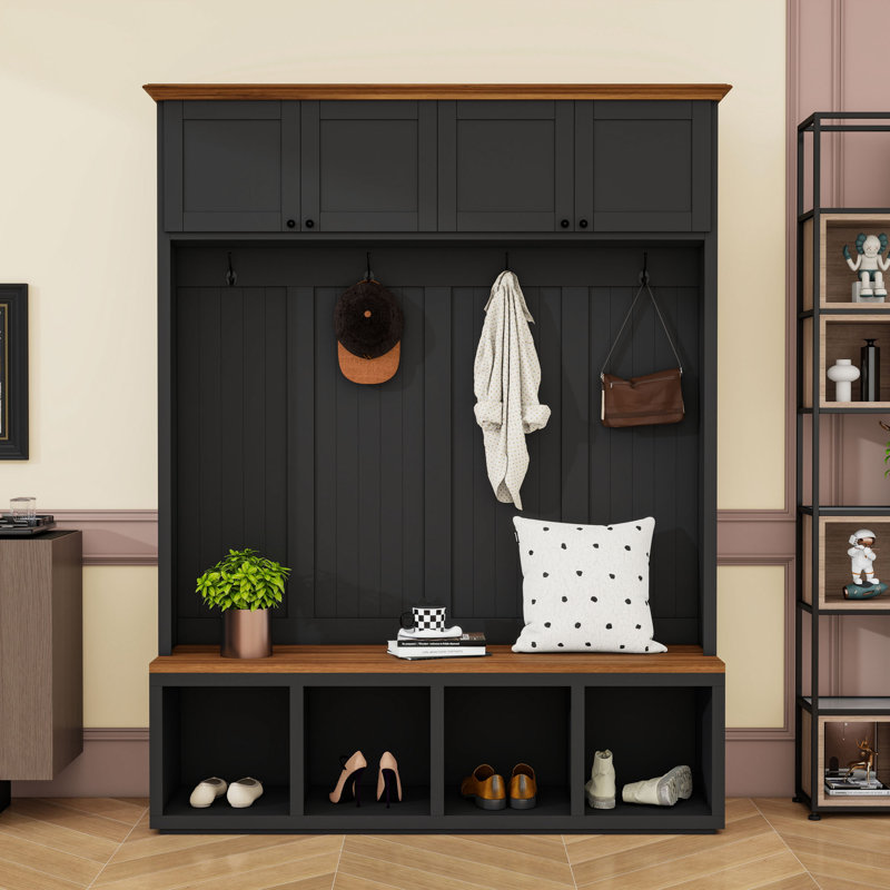 Entryway Hall Tree with Bench, 4 Cabinets, Open Compartments and 4 Hooks, Black