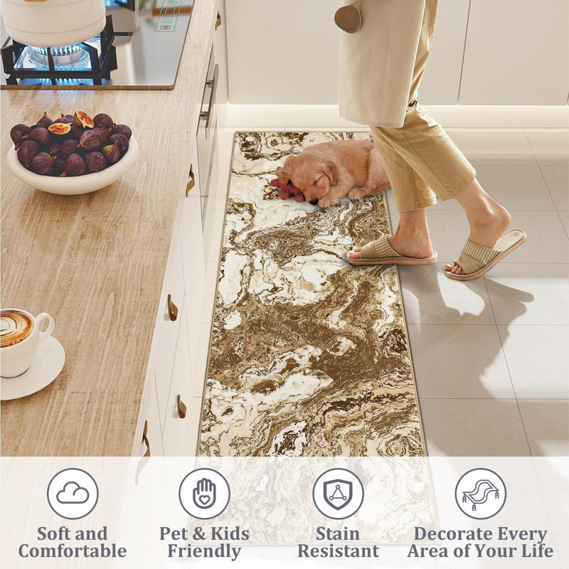 2'x6' Washable Abstract Marble Rug, Non-Slip Foldable Indoor Carpet for Hallway Entryway, Coffee, Runner 2' x 6', Brown