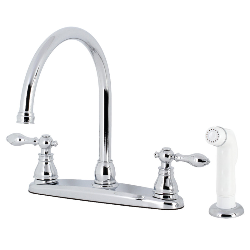 Kingston Brass American Classic Two-Handle 4-Hole 8" Centerset Kitchen Faucet with Side Sprayer, Polished Chrome