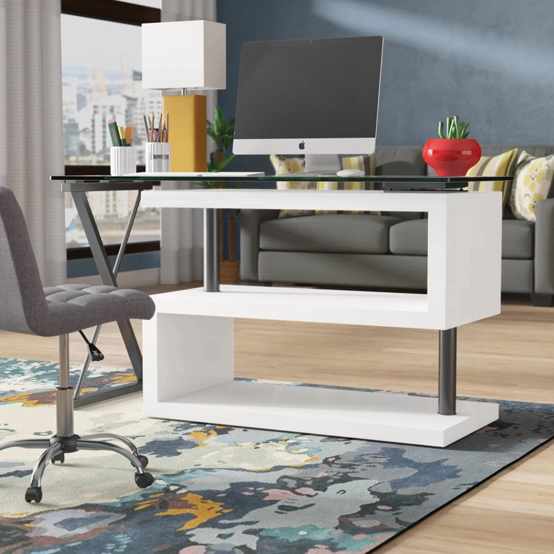 Folden L-Shaped Glass Top Computer Desk, White