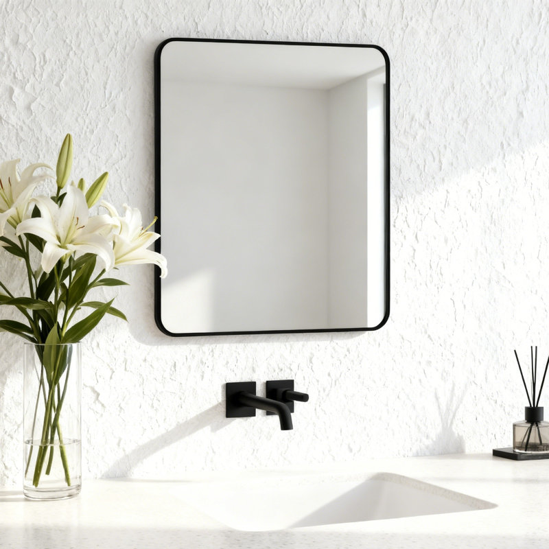Miroir mural décoratif en verre trempé et alliage d'aluminium, Noir, 36 po x 30 po