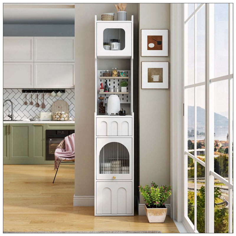 Grande armoire de rangement étroite avec portes en verre et tiroir