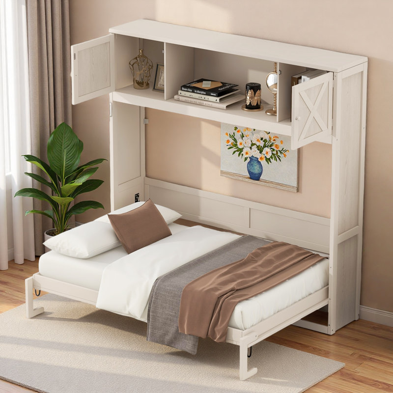 Lit escamotable avec 2 armoires de rangement et tablette ouverte Murphy, Beige