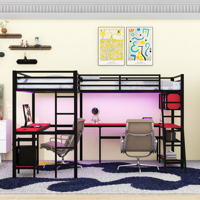Twin L-Shaped Loft Bed with Built-in-Desk, LED Lighting, Storage Shelves and Charging Stations