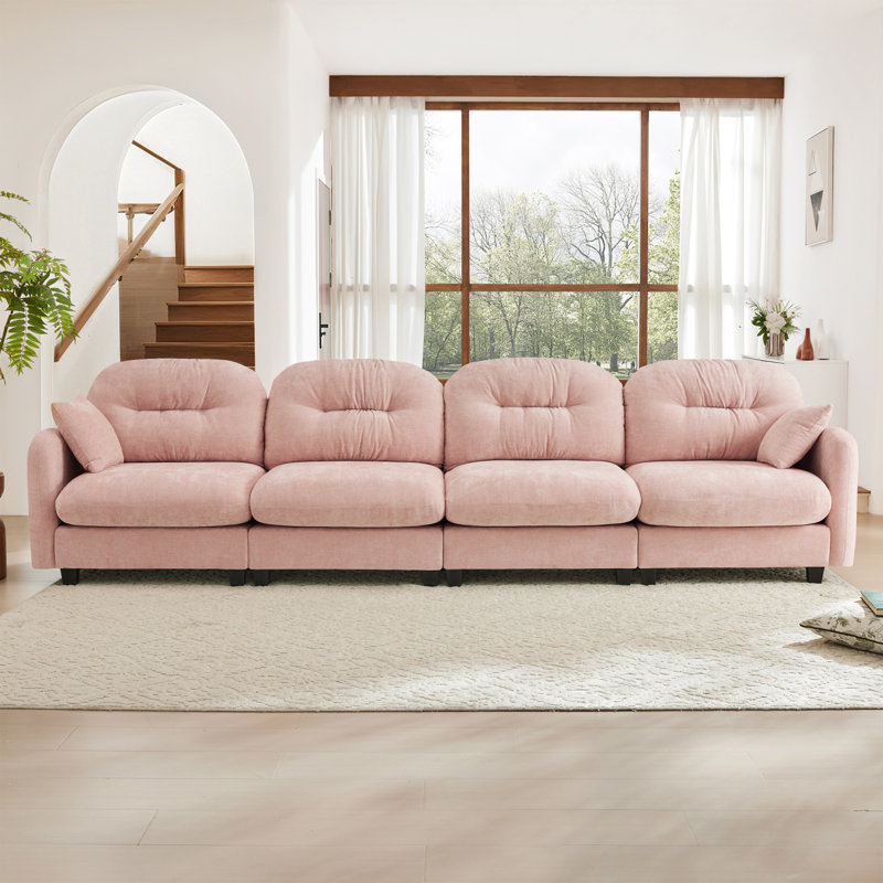 Canapé modulaire à quatre places avec dossier capitonné et tissu chenille, Rose