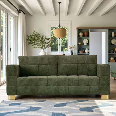 FX-P54-BK2 (SOFA YF0251-23)Contemporary Black Chenille Couch, Deep-Seat 3-Person Sofa With Wide Armrests & Block Legs Soft Upholstered Sofa For Livin