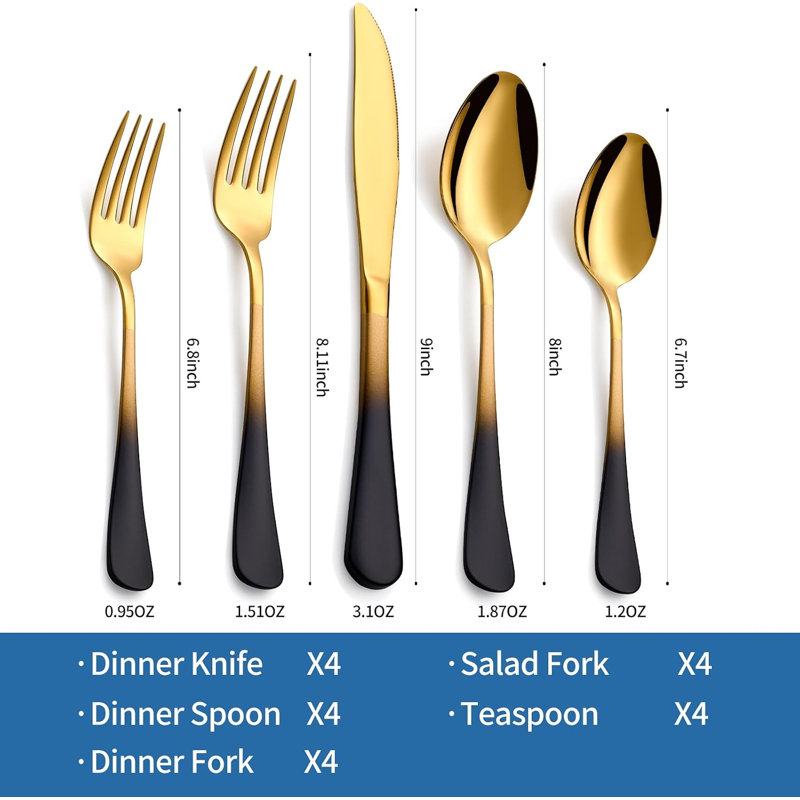 20-Pieces Stainless Steel Black Gold Handle Flatware Set