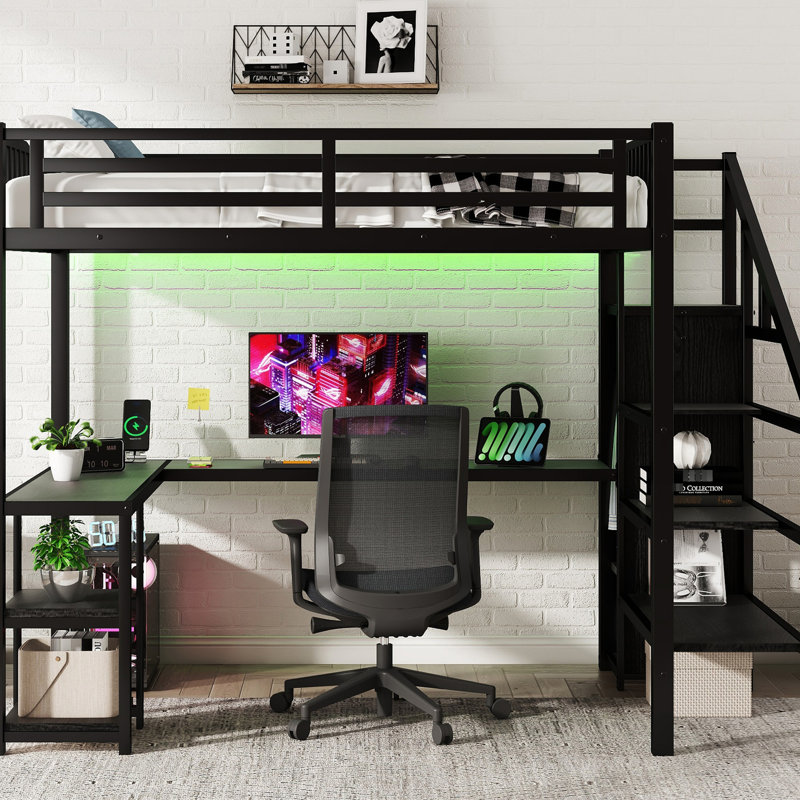 Lit mezzanine double avec structure en métal et caractéristiques pratiques - garde-robe noire, bureau et port à DEL pour une niche de chambre attrayante