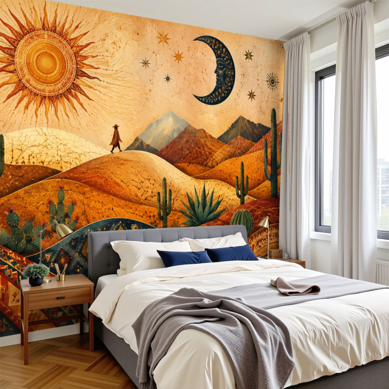 Papier peint adhésif auto-adhésif moderne pour la chambre à coucher Peel and Stick L 69 po x l 96 po - avec paysage désertique cactus soleil et lune