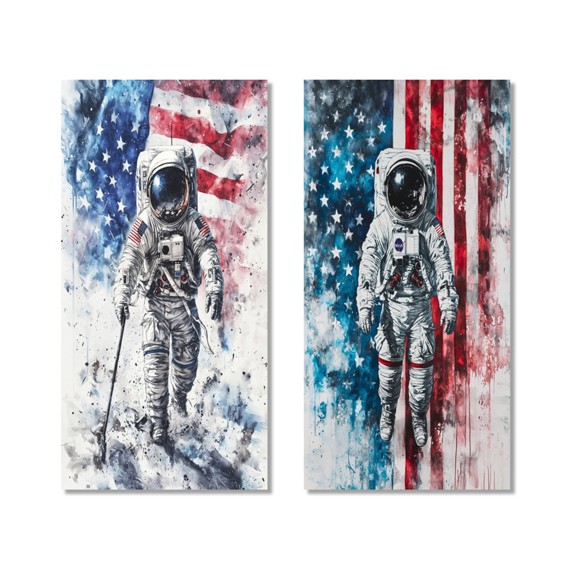 «First Astronaut in Space with USA Flag I», art mural patriotique en métal 2 pièces, 40" H x 40" W