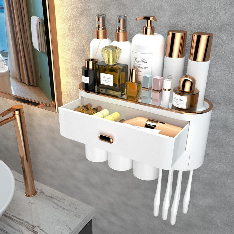 Porte-brosses à dents pour salle de bain, porte-brosse à dents mural avec distributeur de dentifrice, 3 tasses (blanc)