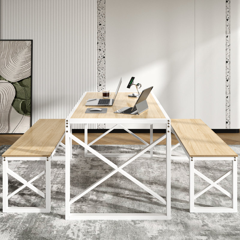Oak 3-Piece Dining Table Set With Benches – Kitchen, Small Space, Farmhouse, 30" H x 31.5" W x 55" D