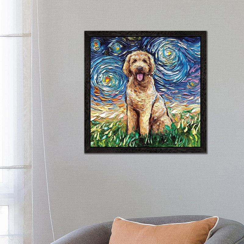 Goldendoodle Night 1 Piece Painting on Canvas, 45.72 cm H x 45.72 cm W, Black Floater Framed