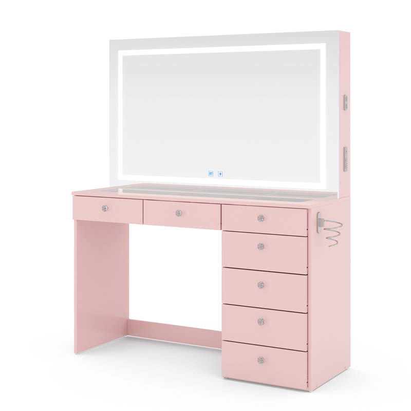 Brielle Premium Makeup Vanity With Bluetooth Speakers And Full LED Mirror, Pink