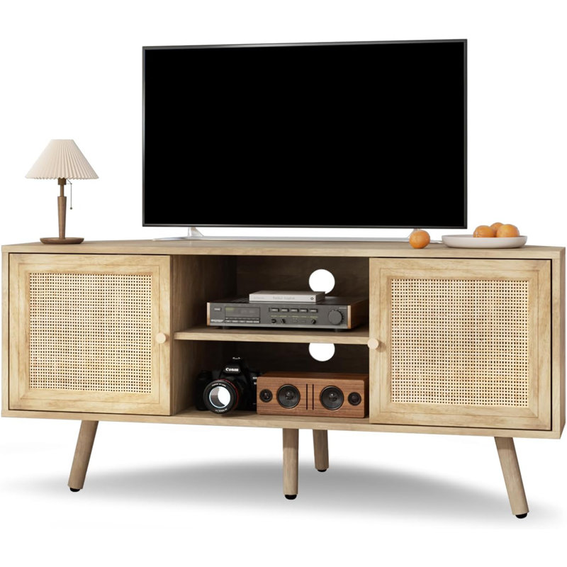 55" Corner TV Stand With Rattan Doors and Storage